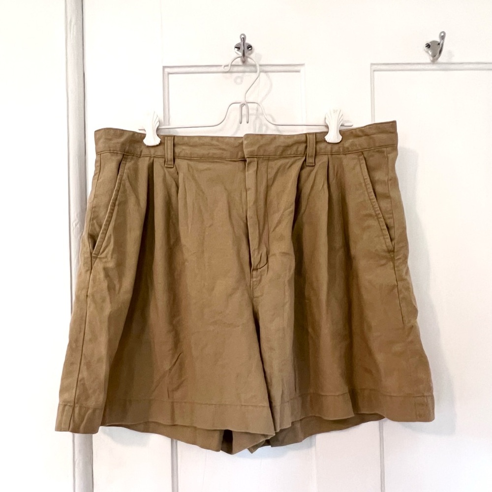 High rise linen blend pleated shorts khaki